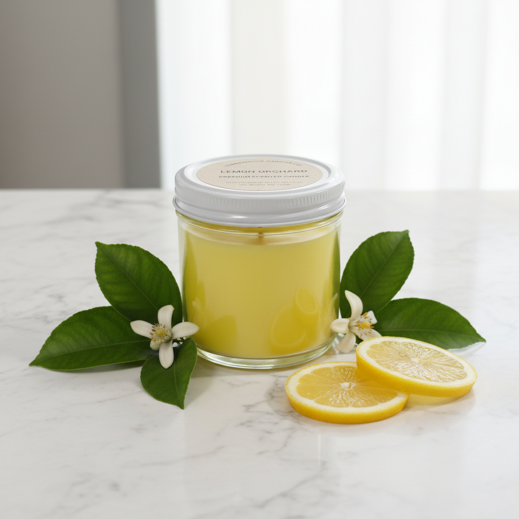 Lemon Orchard premium scented soy candle in a lidded glass jar surrounded by lemon slices, white citrus blossoms, and green leaves on a marble surface Orchard lifestyle