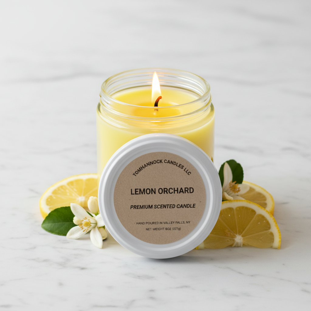 Lit Lemon Orchard premium scented soy candle in a clear glass jar with Tomhannock Candles lid label, surrounded by lemon slices and white blossoms on a marble surface