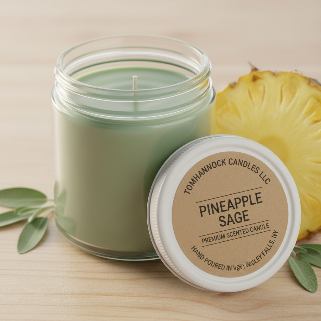 Tomhannock Candles Pineapple Sage premium scented candle in a clear glass jar with lid label, hand poured in Valley Falls NY, styled with fresh pineapple and sage leaves