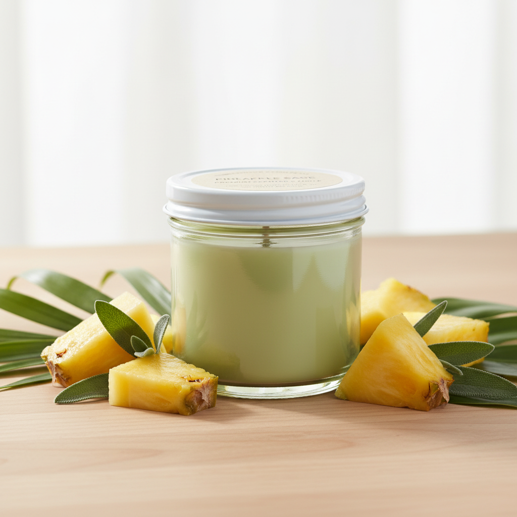 Pineapple Sage premium scented soy candle in a lidded glass jar surrounded by fresh pineapple chunks and tropical leaves on a light wood surface