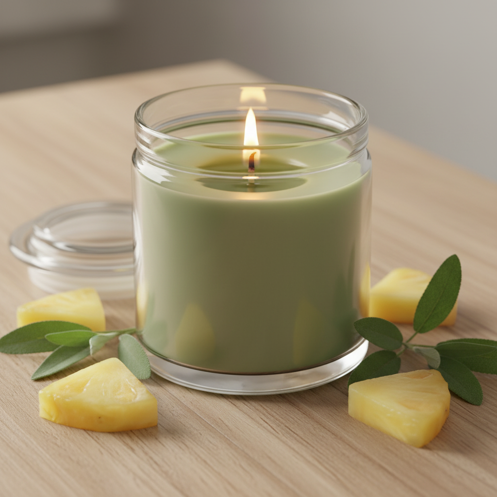 Lit Pineapple Sage scented soy candle in a clear glass jar surrounded by fresh pineapple chunks and sage leaves on a wooden surface